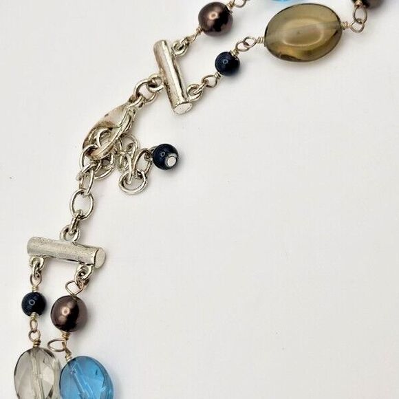2-Strand Blue Porcelain Faceted Glass Smoky Glass Faux Pearl Silvertone Necklace - Picture 3 of 3